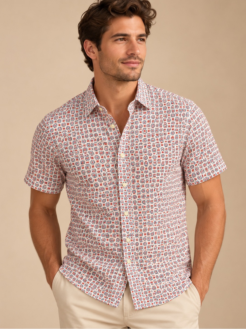 J.Crew Slim Fit Red Blue Micro Floral Short Sleeve Shirt Men’s M
